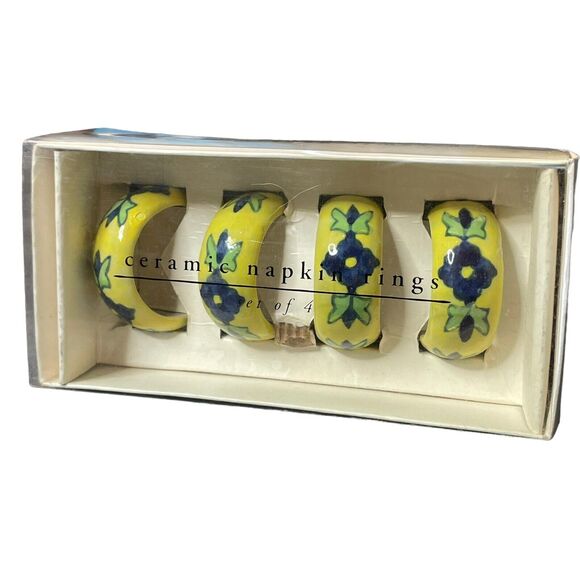 Pier 1 Imports Napkin Rings Flowers India Ceramic Set x4 Housewarming Yellow NEW - Picture 1 of 6